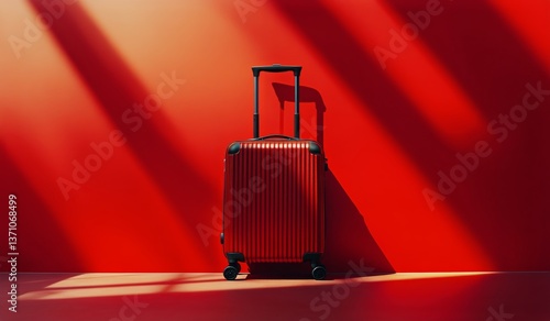 Bright Red Luggage Stands Against a Minimalist Red Background in a Travel-The...