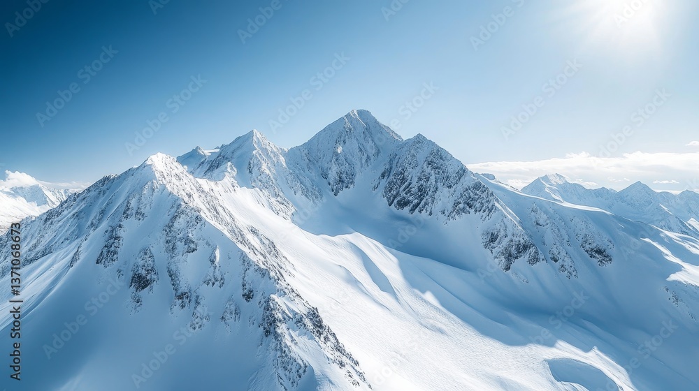 Snow covered mountains pierce a clear blue sky Snow covered mountains pierce a clear blue sky