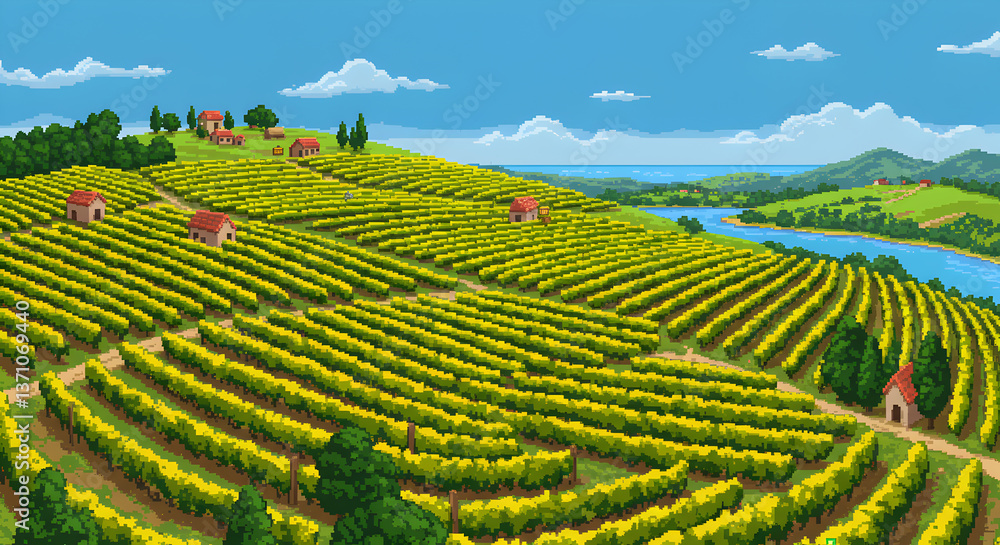 Charming pixel art depiction of a vineyard nestled on rolling hillsides Charming pixel art depiction of a vineyard nestled on rolling hillsides