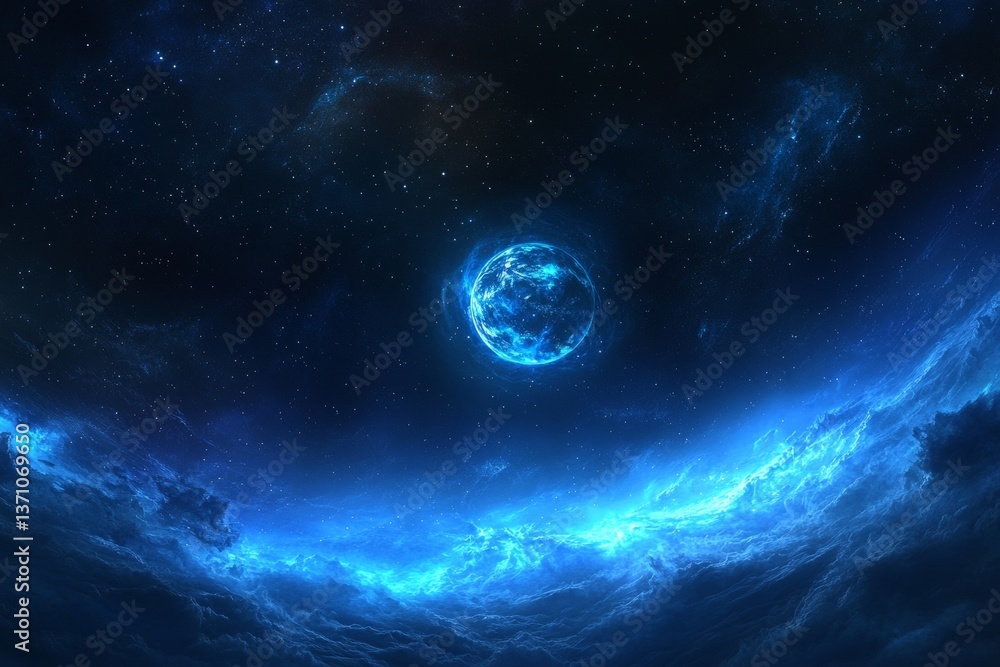 Obraz premium Fantasy illustration of a glowing mandala in a starry sky with earth and sci fi elements