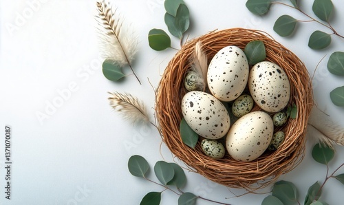Nest With Speckled Eggs Surrounded by Greenery on a Light Background in Soft ...