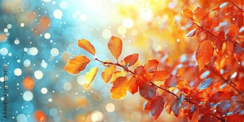Vibrant autumn leaves glowing under soft sunlight with bokeh effects in the background during early morning