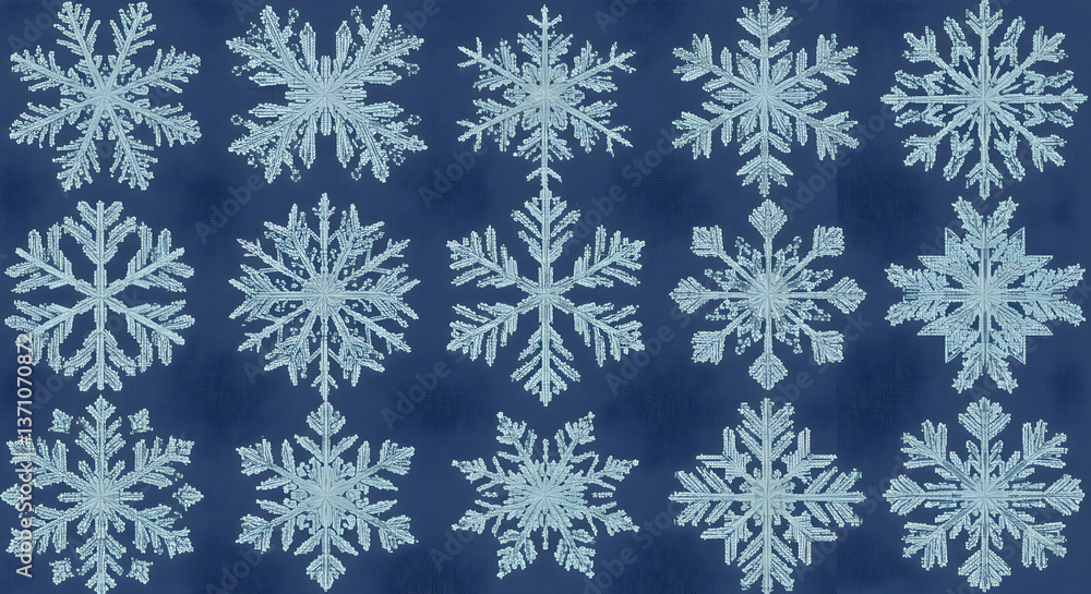 Elegant shimmering snowflakes in pixel art embroidery style against dark backdrop Elegant shimmering snowflakes in pixel art embroidery style against dark backdrop