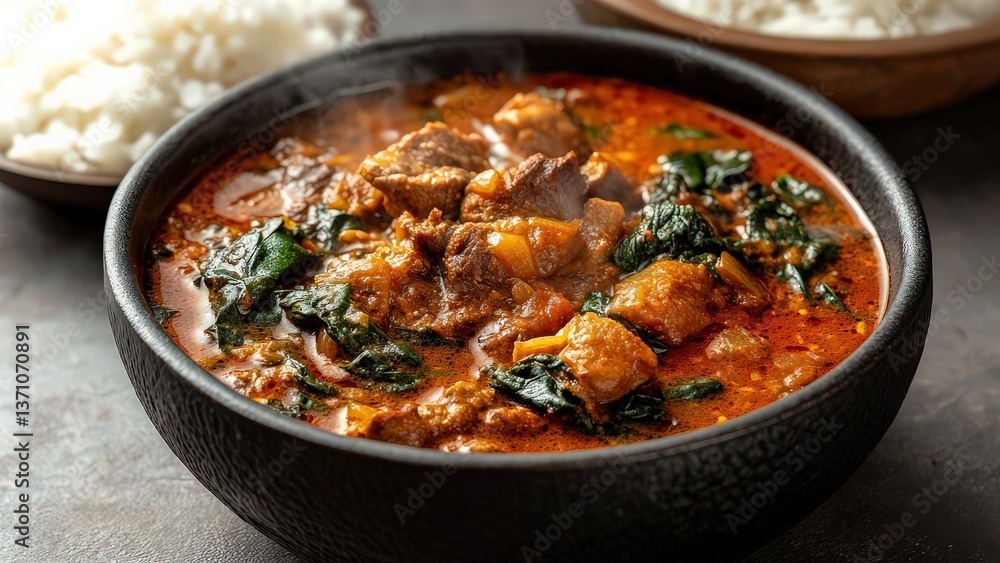 Delicious Hot Stew with Spinach and Meat Served with Rice Delicious Hot Stew with Spinach and Meat Served with Rice