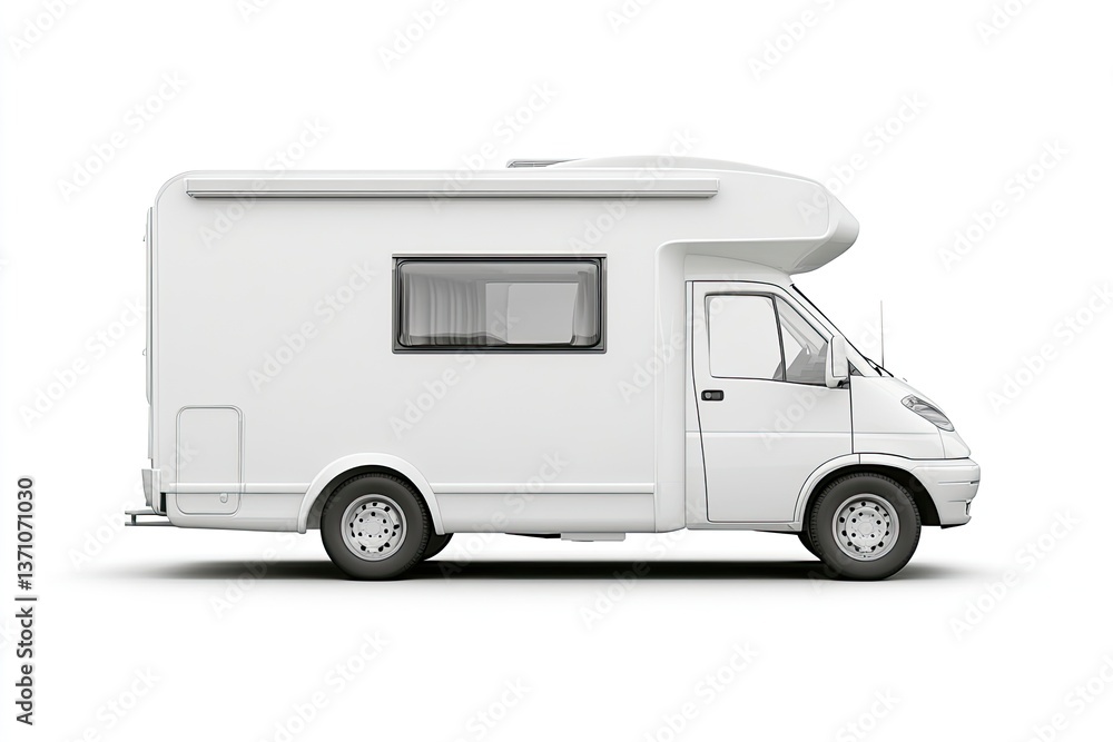 Isolated White Camper Van Side View for Travel Adventures and Recreation Isolated White Camper Van Side View for Travel Adventures and Recreation