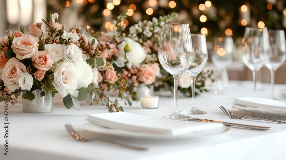 This image features a beautifully set dining table adorned with romantic floral arrangements, creating an inviting atmosphere perfect for celebrations and gatherings. This image features a beautifully set dining table adorned with romantic floral arrangements, creating an inviting atmosphere perfect for celebrations and gatherings.