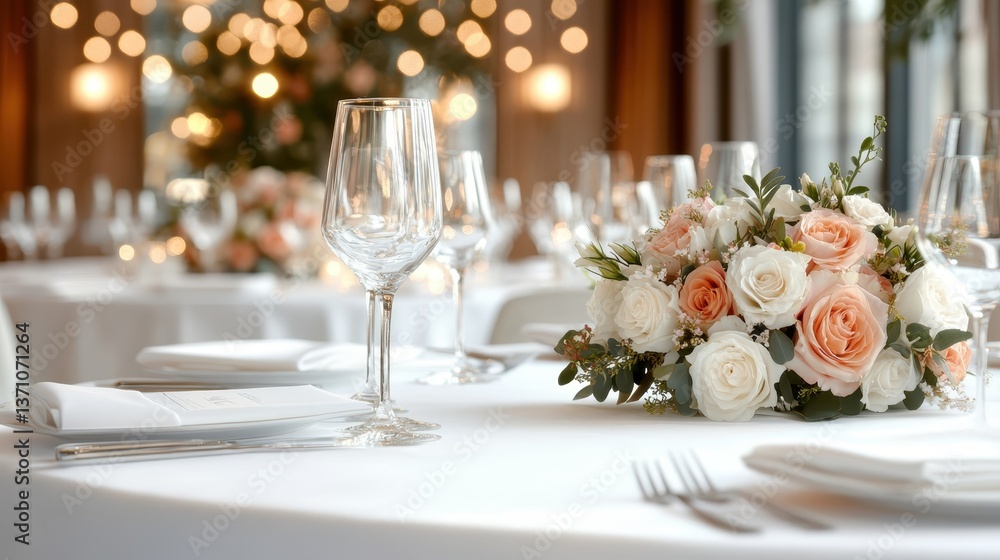 This image showcases an elegantly set wedding table adorned with a stunning bouquet of roses and soft wedding ambiance, perfect for capturing romantic moments. This image showcases an elegantly set wedding table adorned with a stunning bouquet of roses and soft wedding ambiance, perfect for capturing romantic moments.