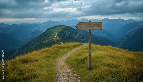 Scenic Mountain Pathway With Directional Wooden Sign Under Dramatic Clouds