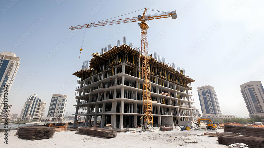 Fototapeta premium Under Construction Multistory Building With Crane And Modern Architecture