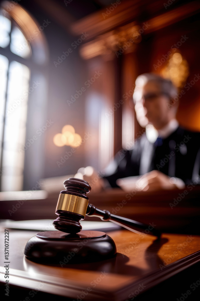 Impartial Judge in Wood-paneled Courtroom with Gavel Set Against a Soft Focus Background Impartial Judge in Wood-paneled Courtroom with Gavel Set Against a Soft Focus Background