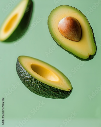 Sliced Avocados Floating Against a Green Background Showcasing Fresh Organic ...