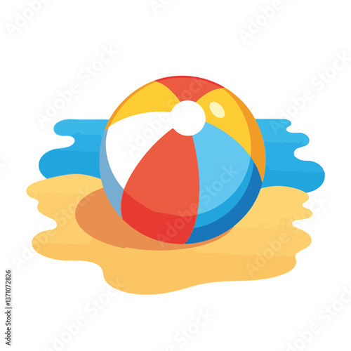 Colorful beach ball resting on sand near water  