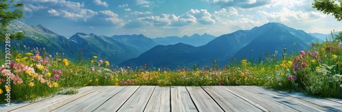 Majestic Mountain Landscape Adorned With Vibrant Flowers During Golden Hour i...