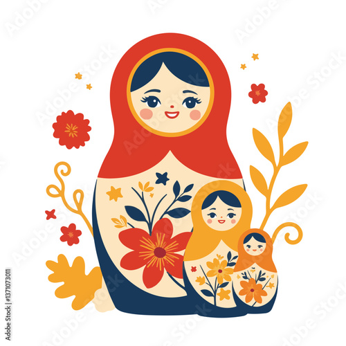 Traditional Russian Matryoshka Dolls with Floral Designs  