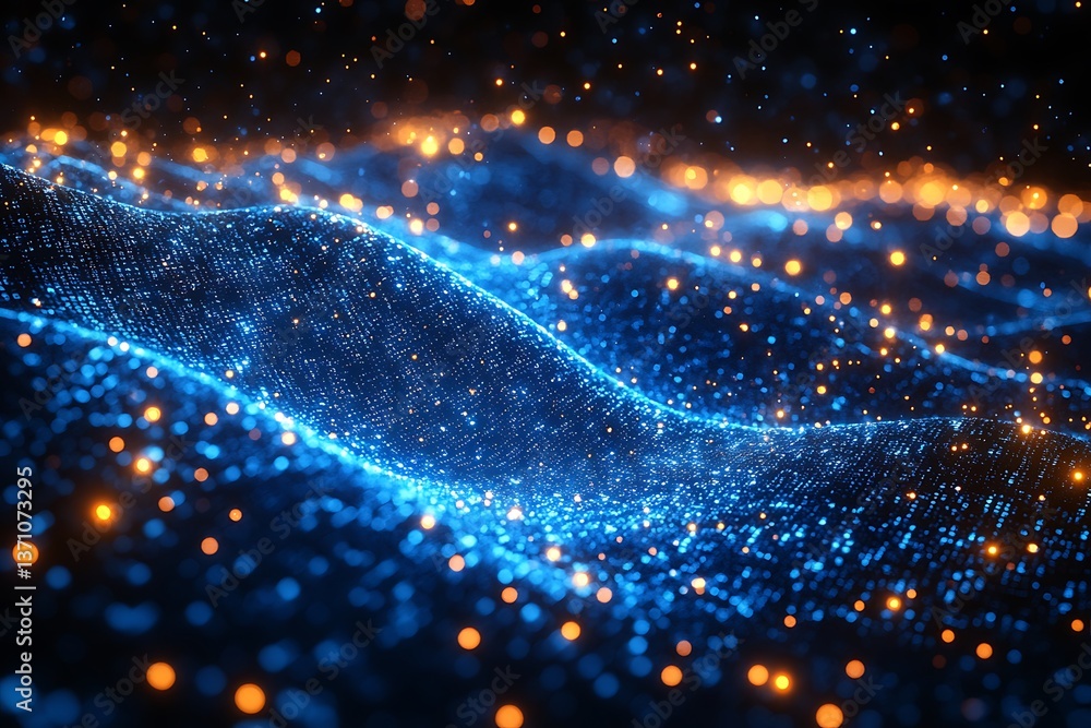 Glowing abstract digital waves of light and particles are shown Glowing abstract digital waves of light and particles are shown