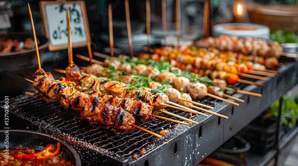 sizzling skewers with aromatic spices and fresh herbs, sizzling skewers with aromatic spices and fresh herbs,