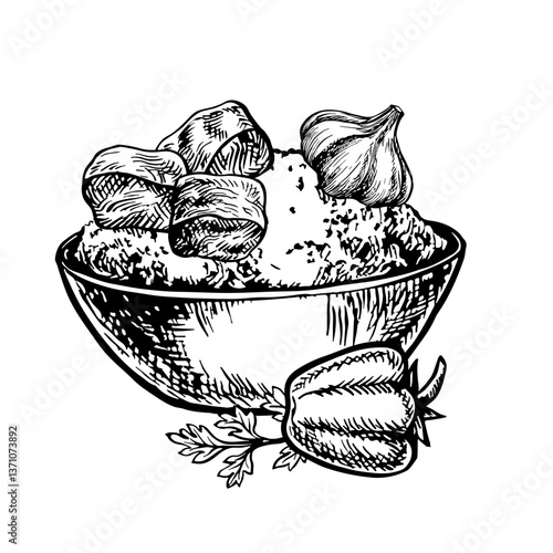Pilaf with meat. Vector image of an oriental dish. Black and white hand-drawn illustration. On a white background. For menus, posters, flyers, as well as for recipes and invitations.