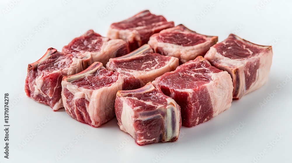 Raw lamb kebab cubes neatly arranged, tender meat with delicate fat streaks, highly detailed, isolated on solid white background. Raw lamb kebab cubes neatly arranged, tender meat with delicate fat streaks, highly detailed, isolated on solid white background.