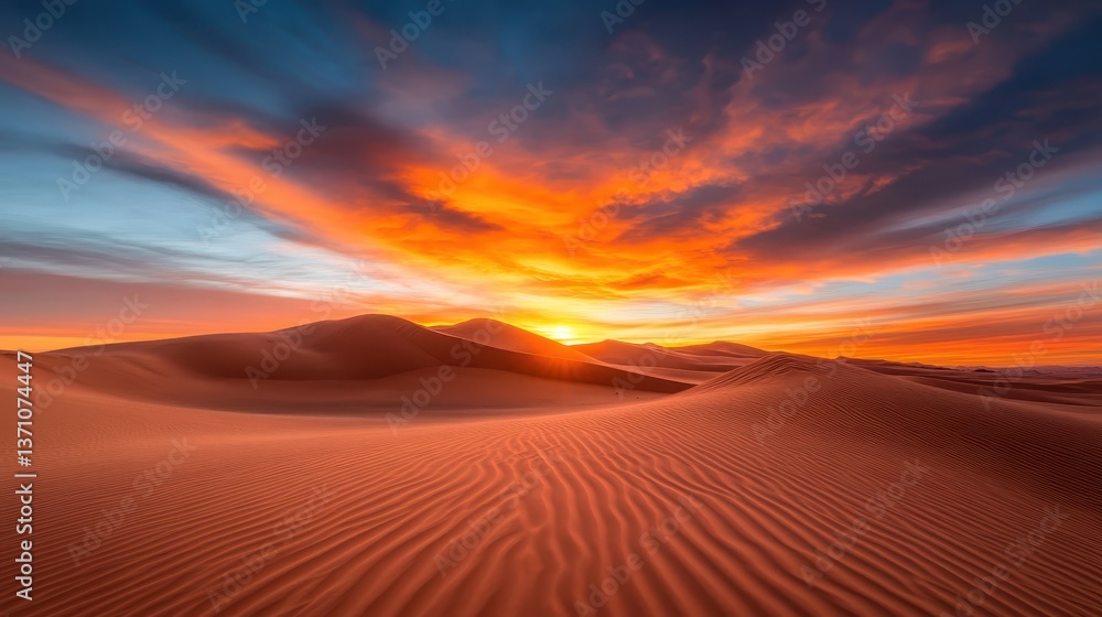 Experience the enchanting beauty of the desert at sunset, where soft dunes create flowing patterns, blending with the vivid colors of a serene sky, inspiring calm and wonder. Experience the enchanting beauty of the desert at sunset, where soft dunes create flowing patterns, blending with the vivid colors of a serene sky, inspiring calm and wonder.
