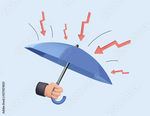 3D Resilience, Protection concept. Investment security, personal safety. Economic crisis, market crash, resilient business, survive, difficulties, insurance, businessman holds umbrella in hand