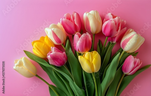 Colorful Tulips Arranged Beautifully on a Pink Background for Spring Decoration