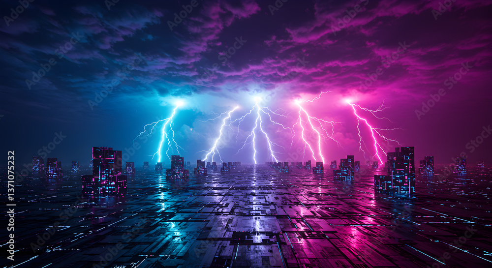 Fototapeta premium Electric cityscape: a futuristic urban landscape under a vibrant neon thunderstorm