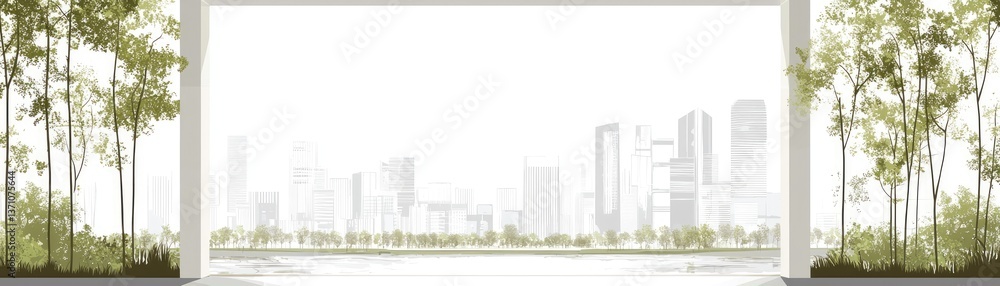 Cityscape view from window, trees framing, urban background, tranquil scene Cityscape view from window, trees framing, urban background, tranquil scene