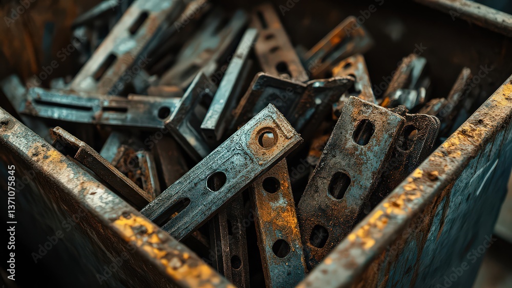 Rusty Metal Brackets Piled in a Container for Recycling Rusty Metal Brackets Piled in a Container for Recycling