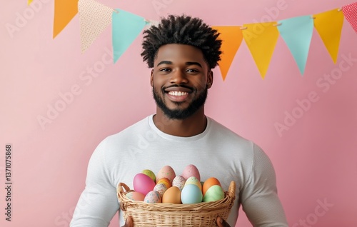 Smiling Man Holds Basket of Colorful Easter Eggs in Festive Setting With Deco...
