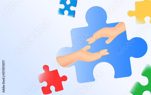 Colorful puzzle pieces and hands on light background. World Autism Awareness Day. April 2. Difference in brain concept. Vector illustration banner on blue background