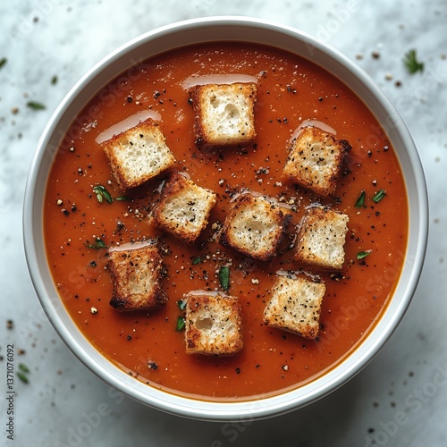 Delicious Bowl of Tomato Soup Topped With Crispy Croutons and Fresh Herbs