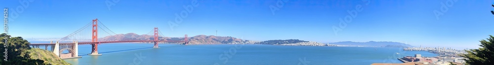 Panoramic summer scene featuring the Golden Gate Bridge and the iconic San Francisco skyline, California, USA Panoramic summer scene featuring the Golden Gate Bridge and the iconic San Francisco skyline, California, USA