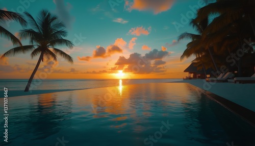 Sunset Over Calm Ocean With Palm Trees Near Serene Beach Resort in Tropical P...
