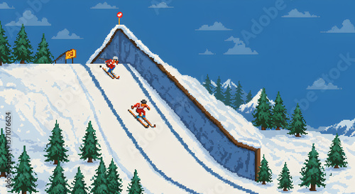 Nostalgic Pixel Art Depicting Ski Jumping on a Retro Slope Landscape