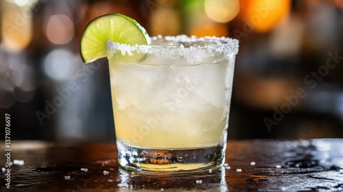 Wallpaper Mural Close-up of a margarita on a dark wood bar, lime garnish and salted rim. Torontodigital.ca