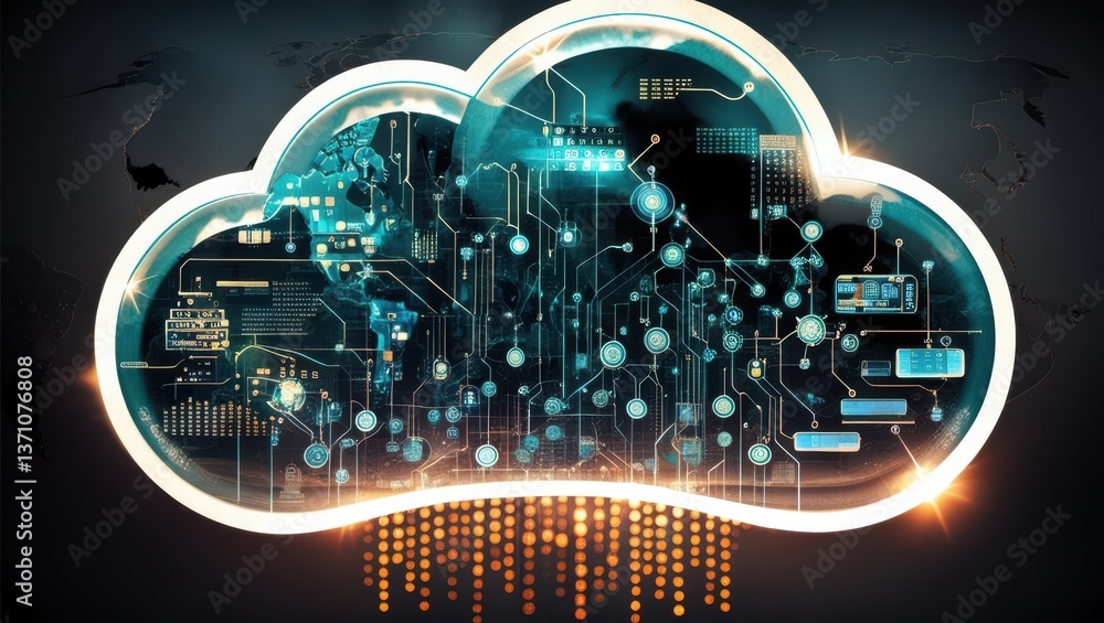Obraz premium Futuristic Illustration of Cloud Computing Network Integrating with Data Centers Across Cities and Countries, Symbolizing Global Data Exchange and Virtualization Technology.
