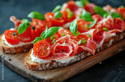 Delicious Open-Faced Sandwiches Topped With Fresh Tomatoes and Cured Meat on ...