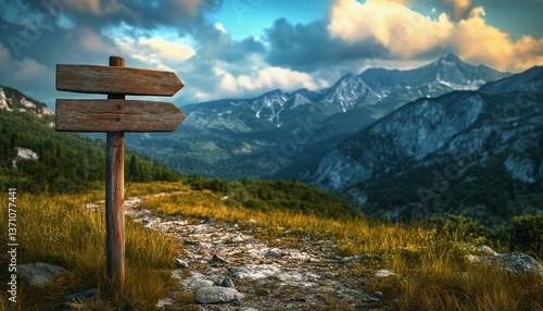 Scenic Mountain Pathway With Directional Wooden Sign Under Dramatic Clouds