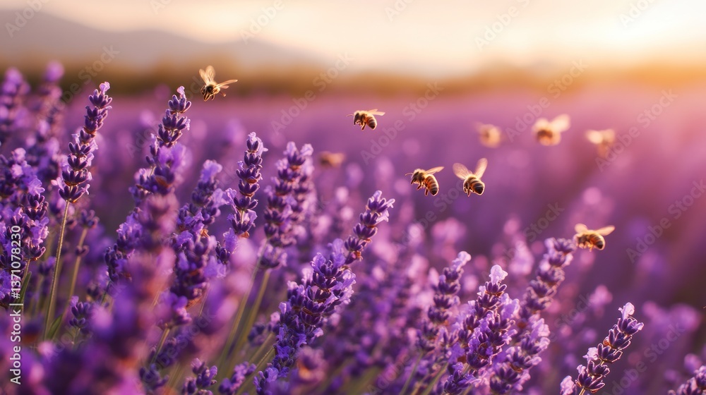 Bees Flying Above Blooming Lavender Field at Sunset in Provence Bees Flying Above Blooming Lavender Field at Sunset in Provence