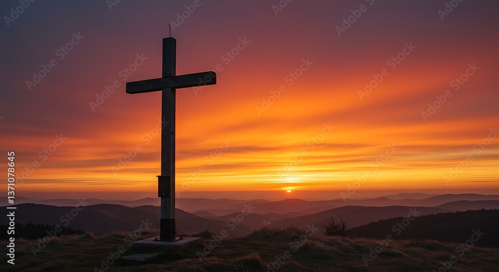 Standing Cross Silhouette with Vibrant Sunset Over Mountain Range Horizon Standing Cross Silhouette with Vibrant Sunset Over Mountain Range Horizon