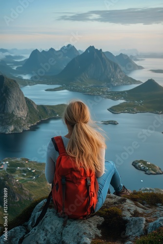 Mountain View and Serene Lake in Norway With a Female Hiker Enjoying Nature a...