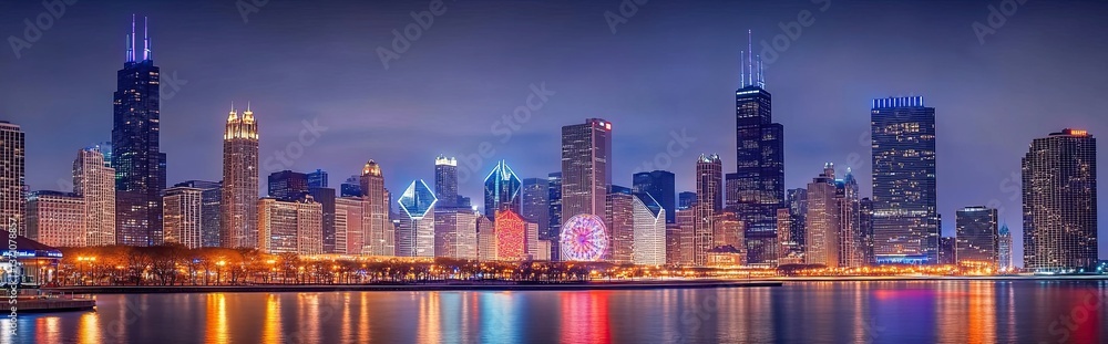 Fototapeta premium The Chicago cityscape at night, with towering contemporary buildings lit in colorful hues, their brilliance mirrored in the tranquil waters of the lake