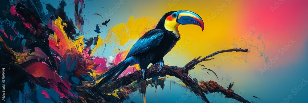 Fototapeta premium Colorful toucan perched upon vibrant, abstract branch.