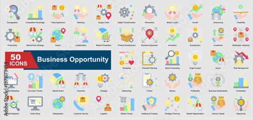 Business Opportunity Icon Collection Set. Demographic, Competitive Advantage, Trade Agreement, Branding, Supply Chain, Digital Transformation, Partnership icon. Flat Style Vector Ilustration