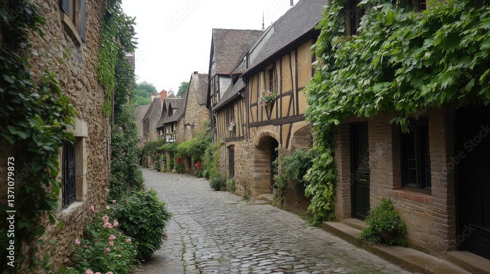Quaint street scene in a historic European village with cobblestone pavement and stone buildings adorned with greenery. Quaint street scene in a historic European village with cobblestone pavement and stone buildings adorned with greenery.