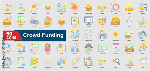 Crowd Funding Icon Collection Set. Donation, Funding, Investor, Revenue, Capital, Savings, cash icon. Flat Style Vector Ilustration