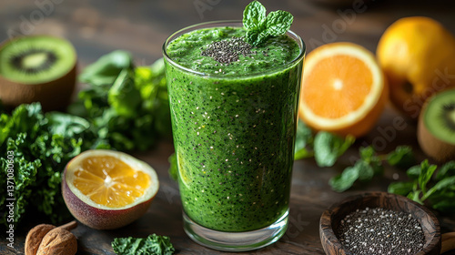Vibrant glass of spirulina and chia seed beverage enhanced with fresh fruits and herbs on a rustic wooden table