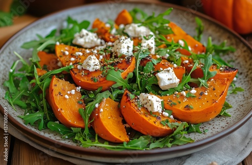 Fresh Roasted Butternut Squash Salad With Greens Served on a Rustic Wooden Table