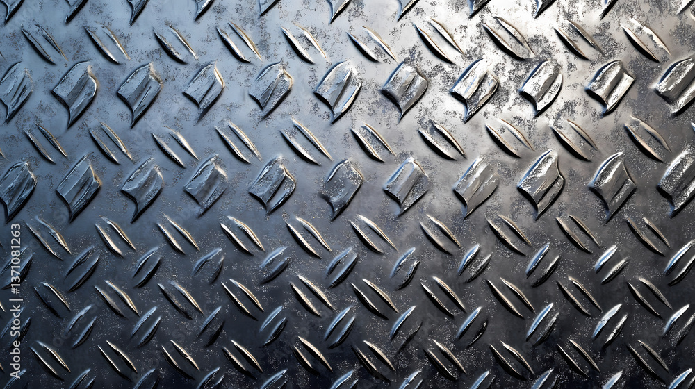 Metallic diamond plate texture, landscape format, clean raised patterns, high-contrast lighting, polished silver surface with faint reflections, industrial vibe. Faint Luster. Illustration Metallic diamond plate texture, landscape format, clean raised patterns, high-contrast lighting, polished silver surface with faint reflections, industrial vibe. Faint Luster. Illustration