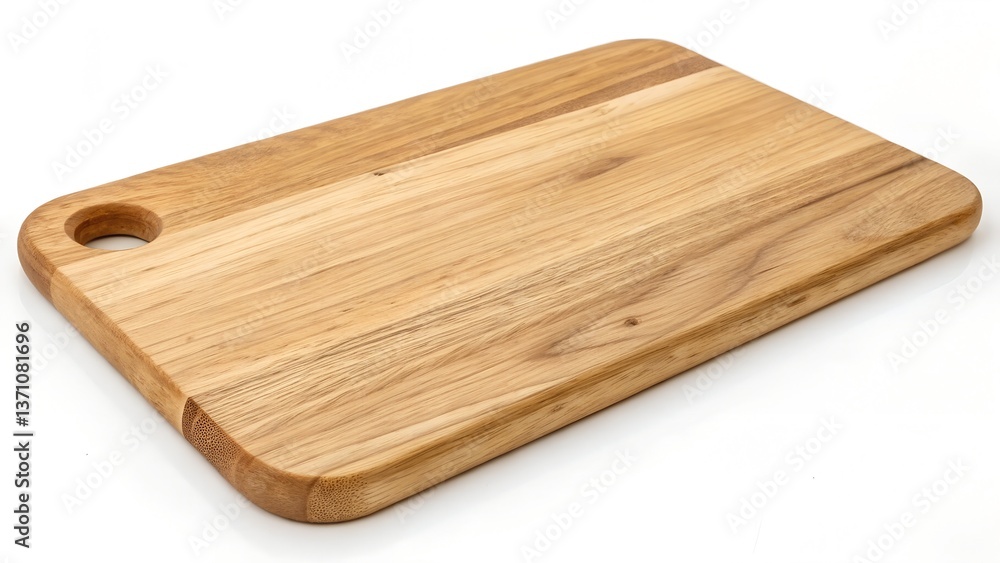 A polished wooden cutting board, simple and rustic, white background A polished wooden cutting board, simple and rustic, white background